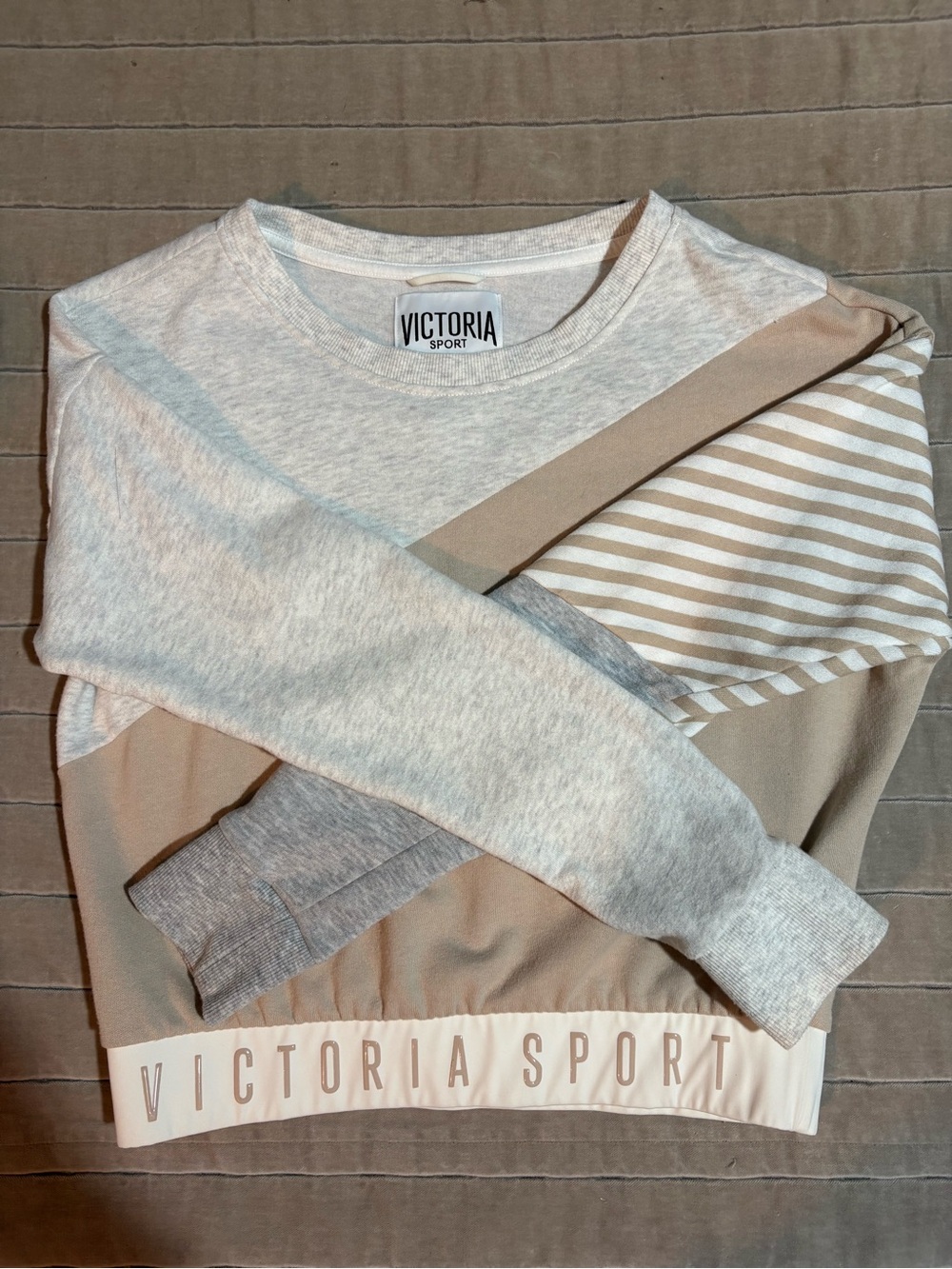 Victoria's Secret Sport Crewneck Sweater in Light Gray & Beige Stripe